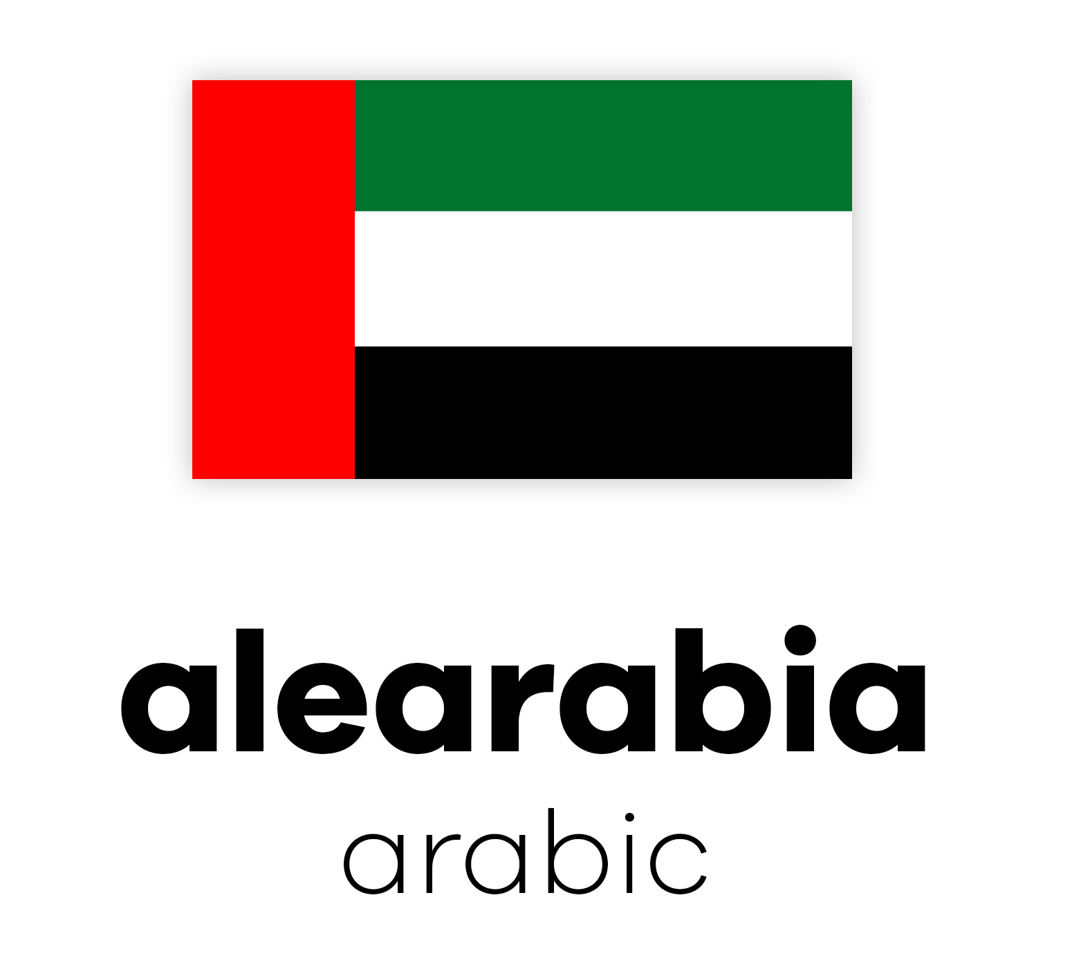Flagge der Vereinigten Arabischen Emirate mit dem Schriftzug "alearabia arabic" darunter in schwarz auf weißem Hintergrund.