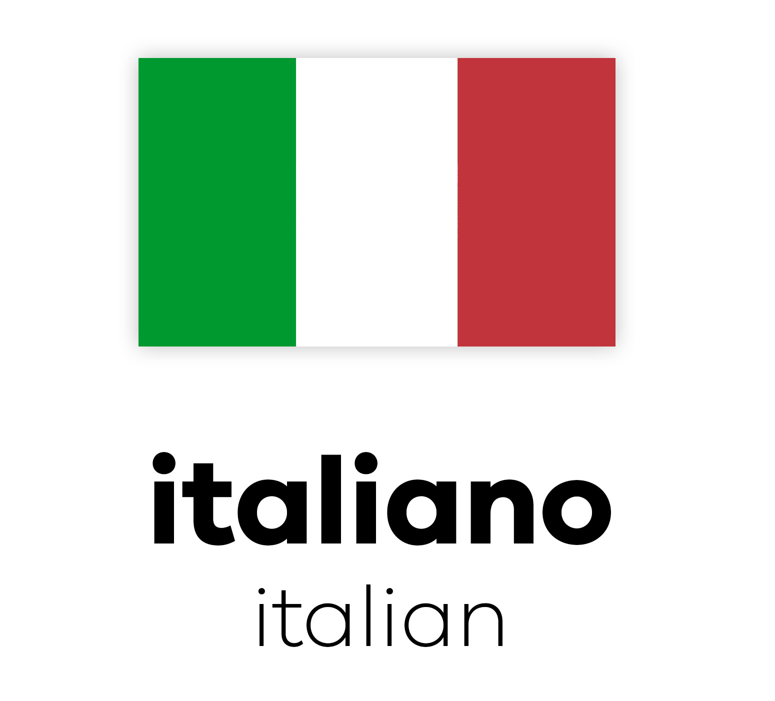 Italienische Flagge mit vertikalen Streifen in Grün, Weiß und Rot über dem Wort "italiano" in Schwarz, darunter "italian" in Schwarz.