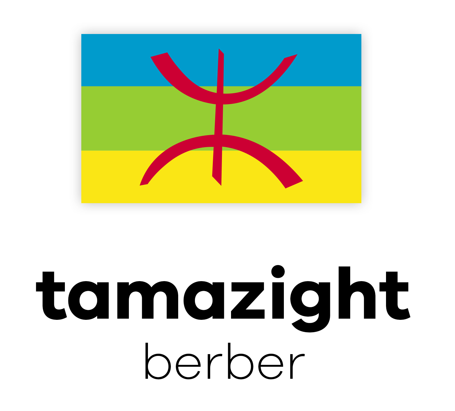 Flagge der Berber mit blau, grün, gelb und rotem Symbol, darunter die Worte "tamazight berber".